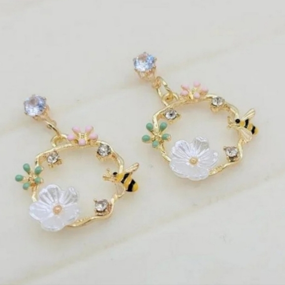 Sweet Honeybee Cherry Blossom Dangle Hoop Earrings, dainty gold tone - Picture 2 of 5
